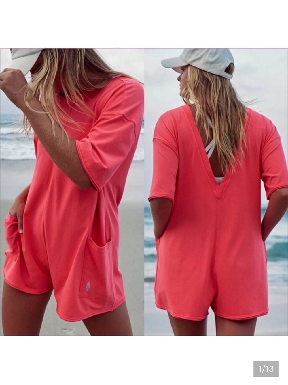 NWOT FP Movement by Free People Coral Pink V‑Back Romper size S